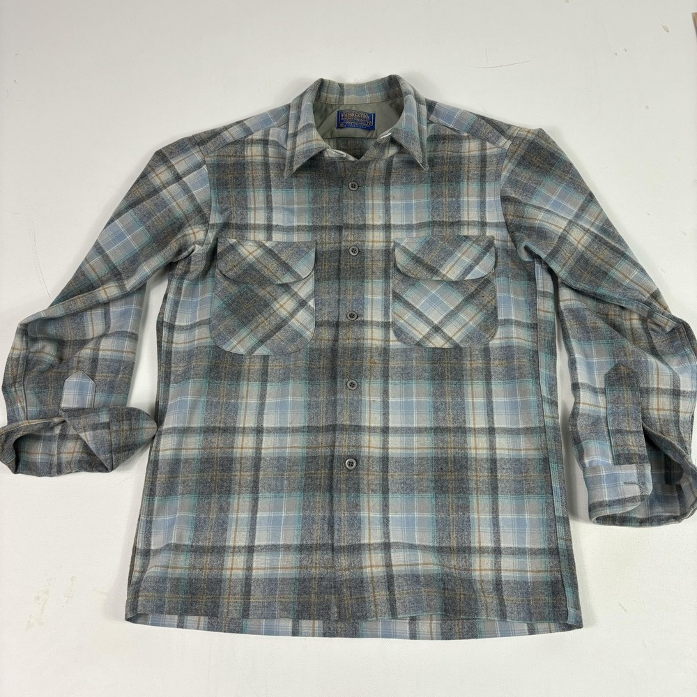 Vintage 60s Pendleton Board Shirt S Shadow Plaid Wool Loop Collar Flap Pocket
